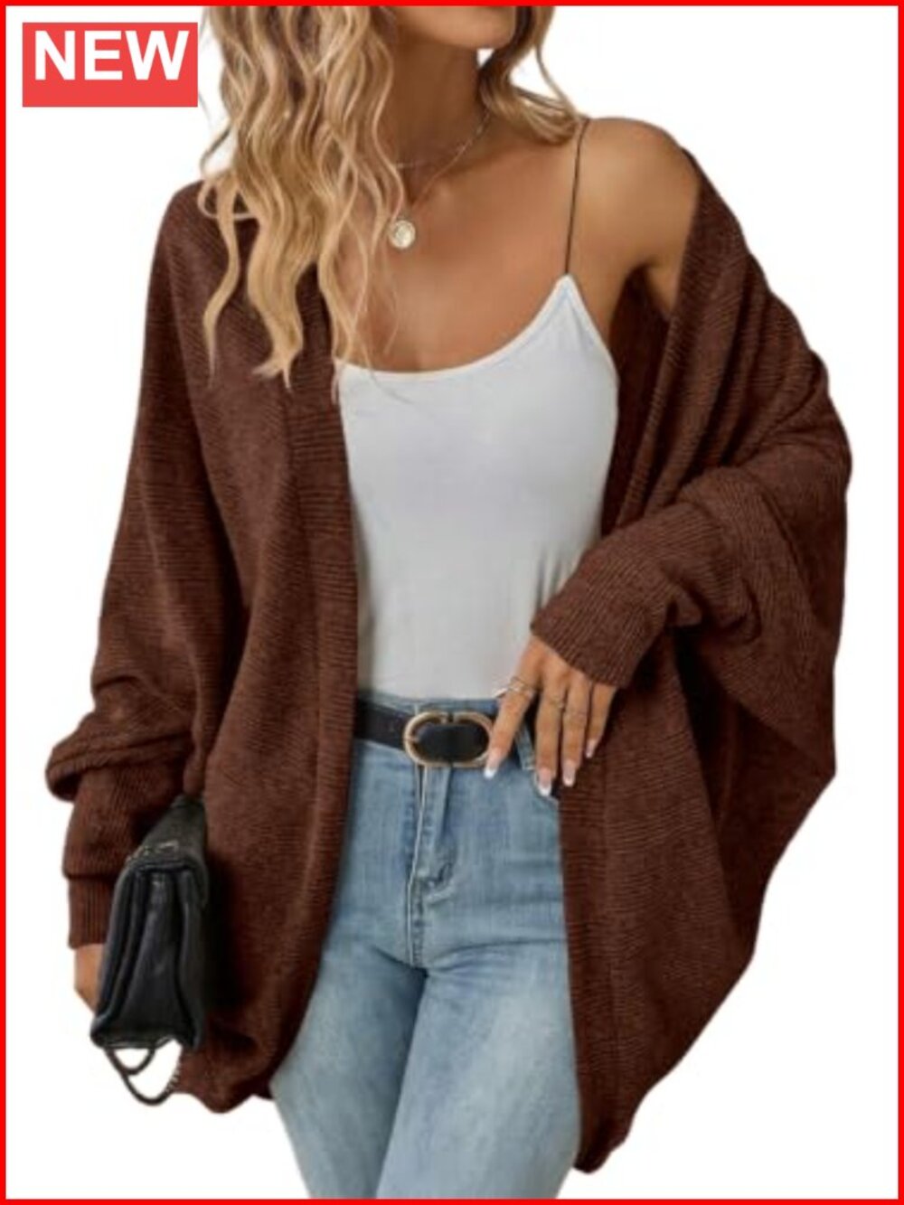 Oversized Cardigan Sweater with Batwing Sleeves, Lightweight Knit, Side Pockets